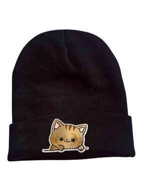 Kawaii Siamese Cat Embroidered Beanie | Black Ribbed Knit Winter Hat